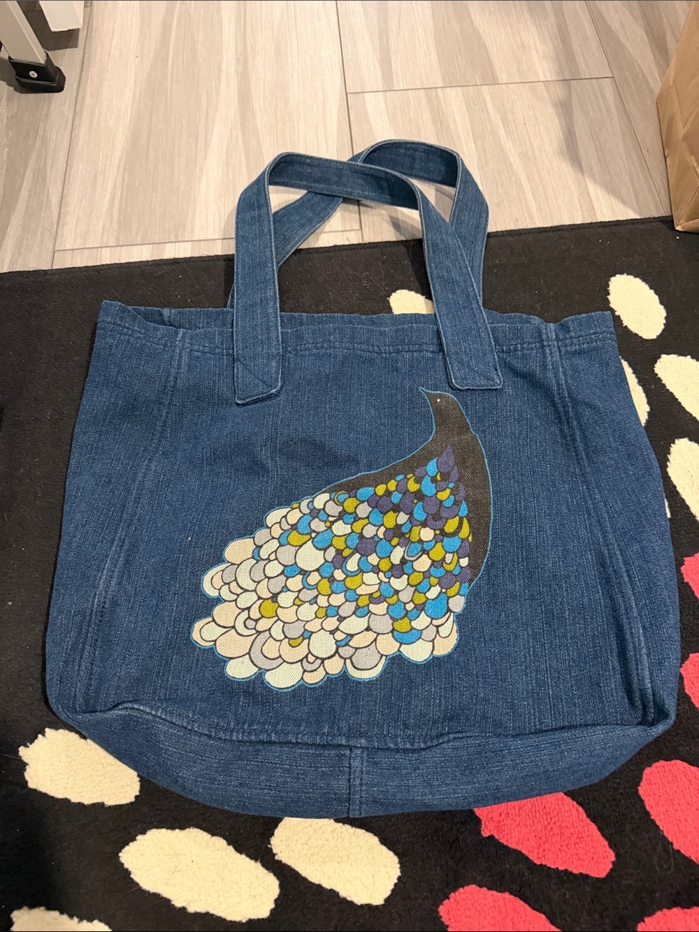 Gap Denim Tote Bag with Peacock Feather Motif - Blue